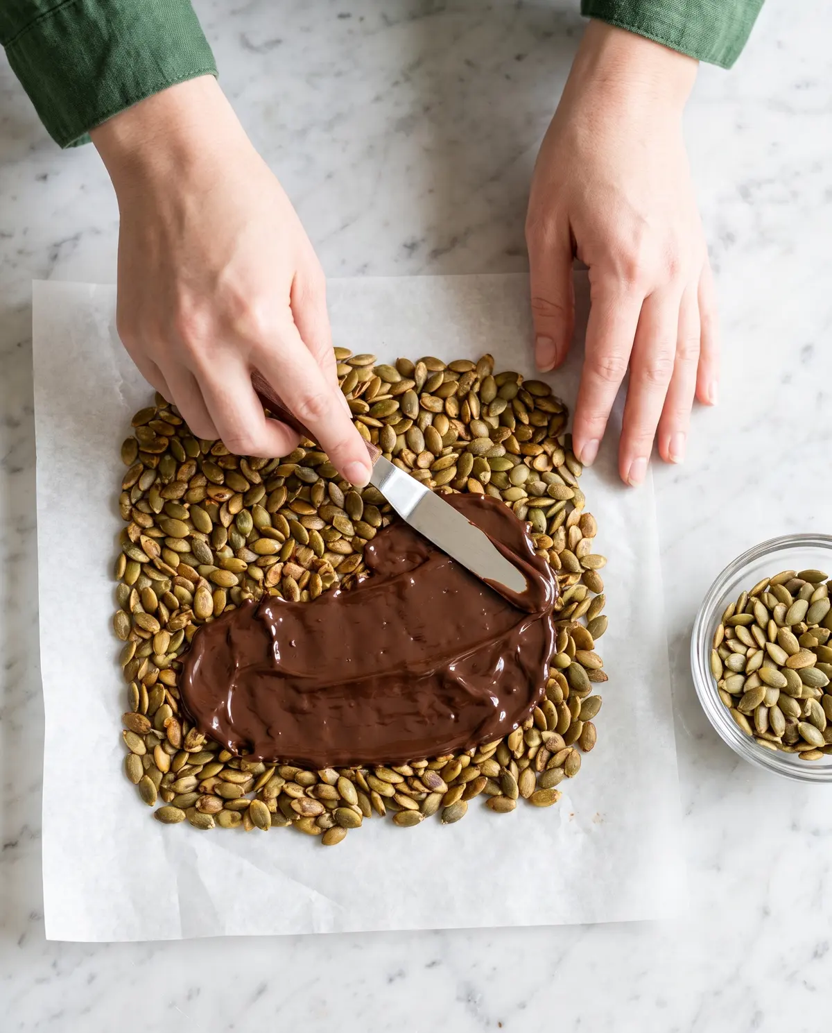 Hands spreading melted dark chocolate over pumpkin seeds on parchment