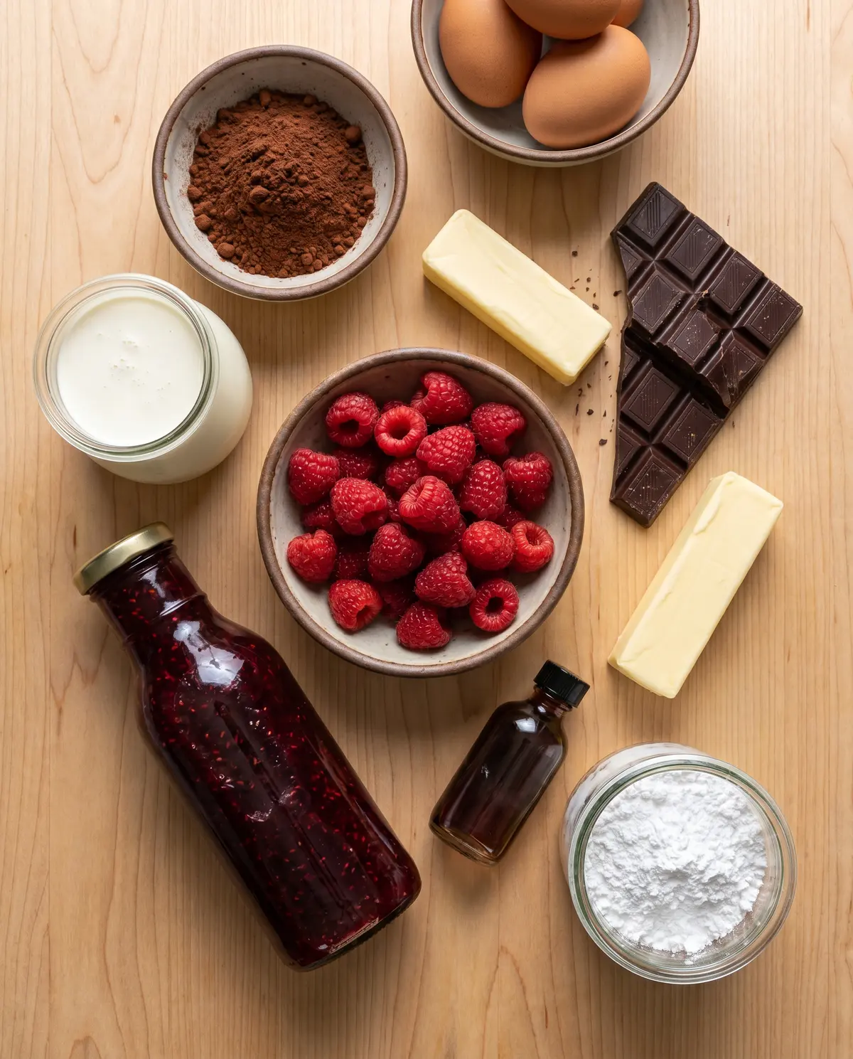 Chocolate raspberry layer cake ingredients on warm wood