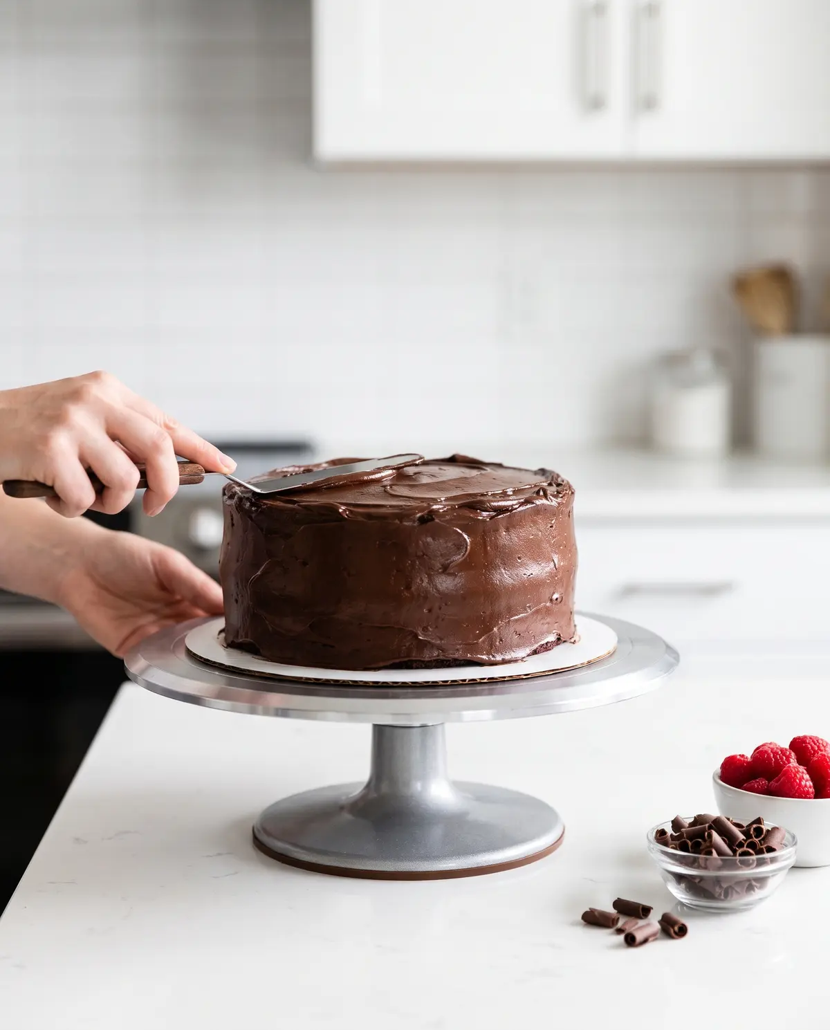 Hands frosting chocolate raspberry layer cake on rotating stand
