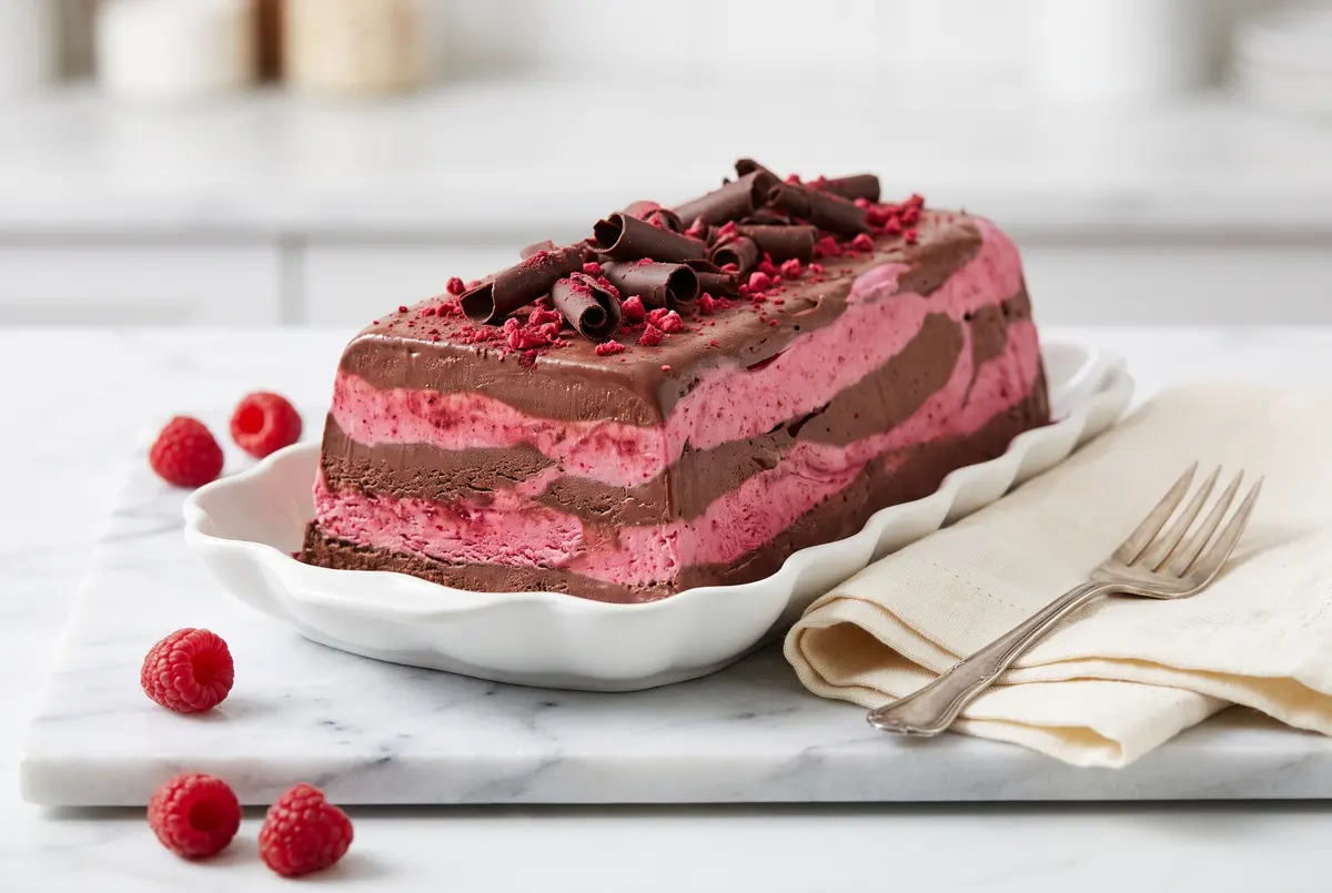 Whole chocolate raspberry semifreddo terrine on a scalloped white ceramic dish