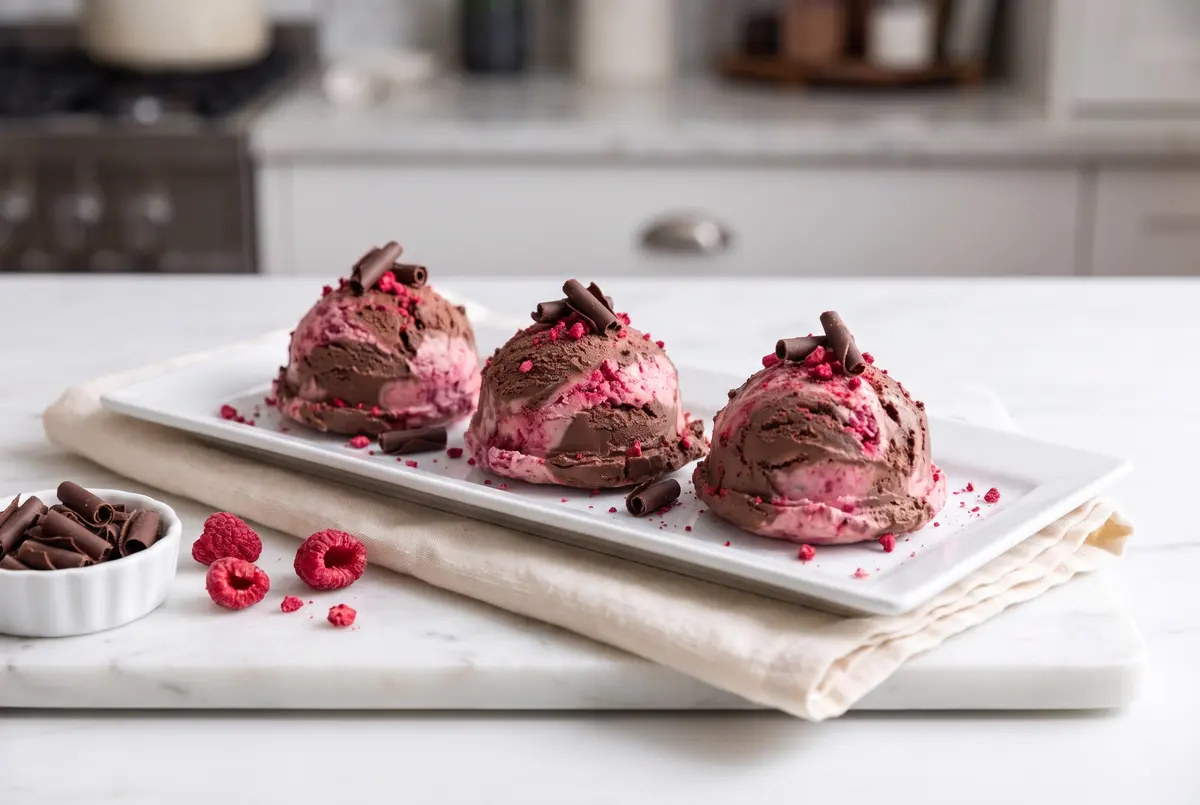 Three individual chocolate raspberry semifreddo scoops on a porcelain platter