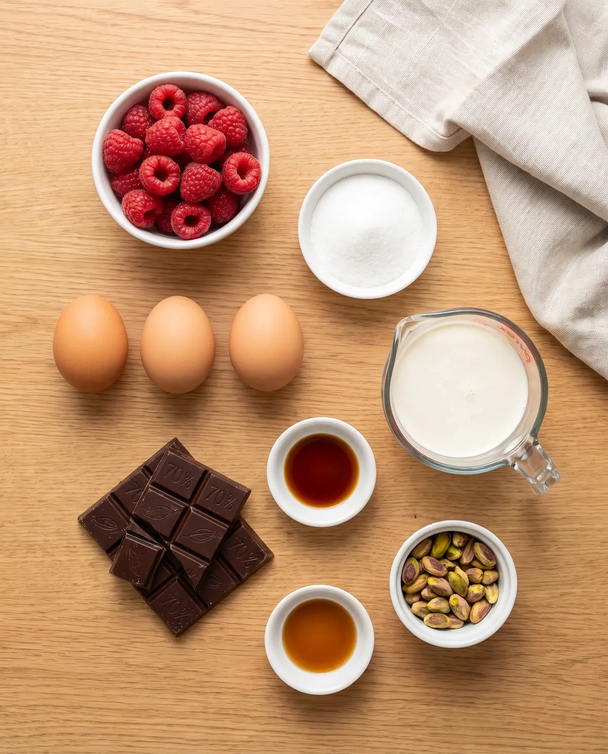 Top-down flat-lay of semifreddo ingredients on a warm wood surface