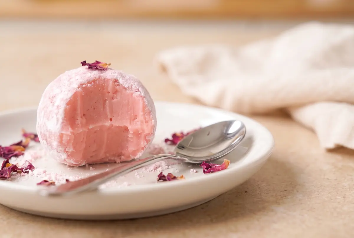 Side view of a single rose lychee truffle on a saucer with a silver spoon