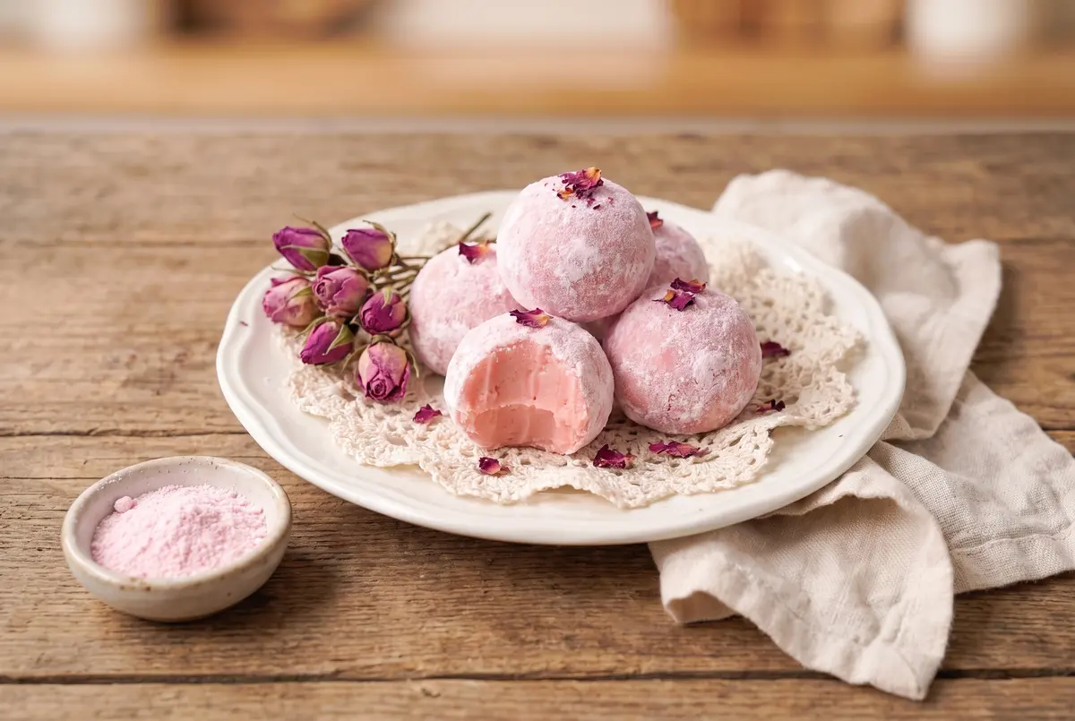 Finished rose lychee truffles dusted with pink sugar and dried rose buds on a vintage plate