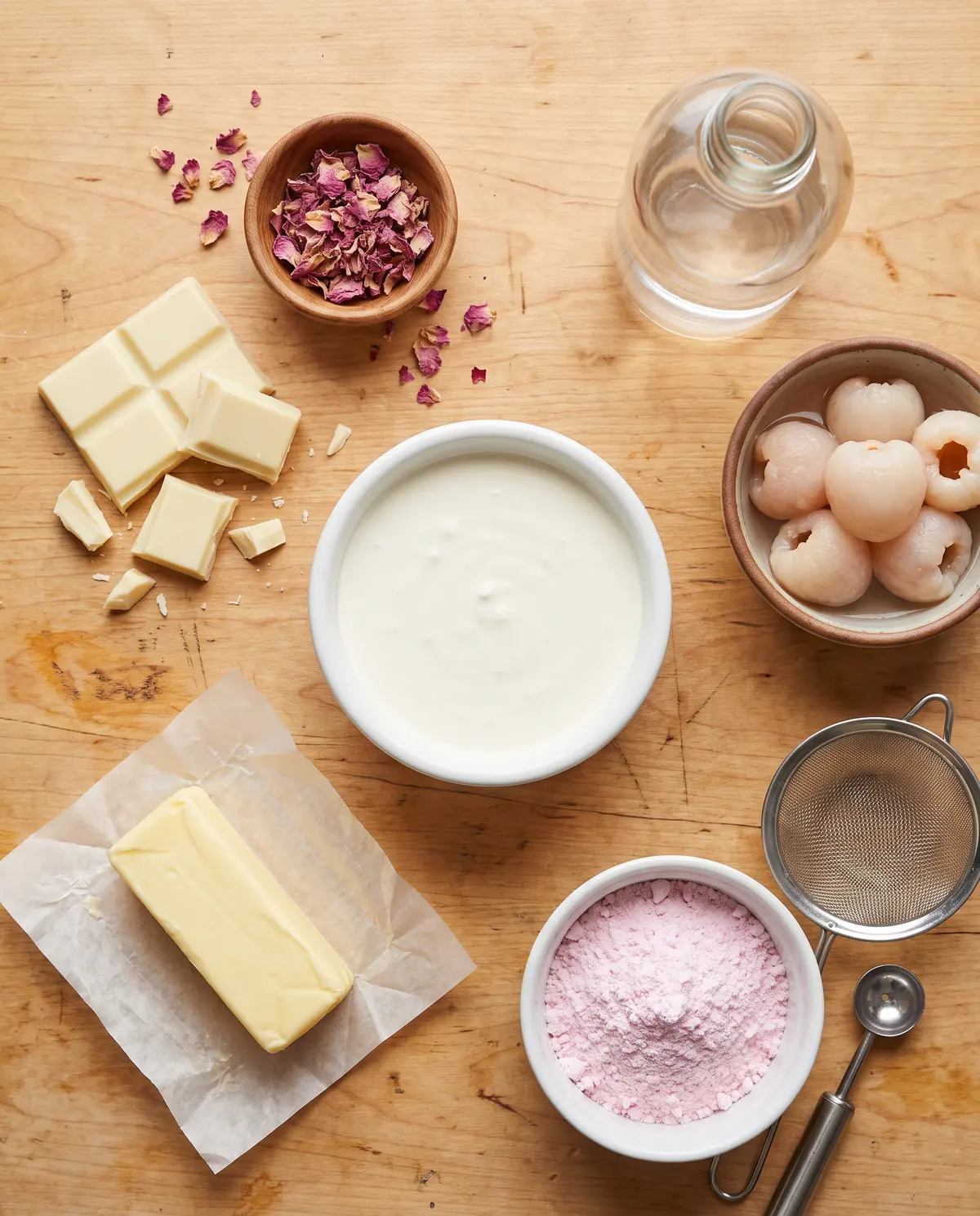 Flat-lay of ingredients for rose lychee truffles on a wooden table
