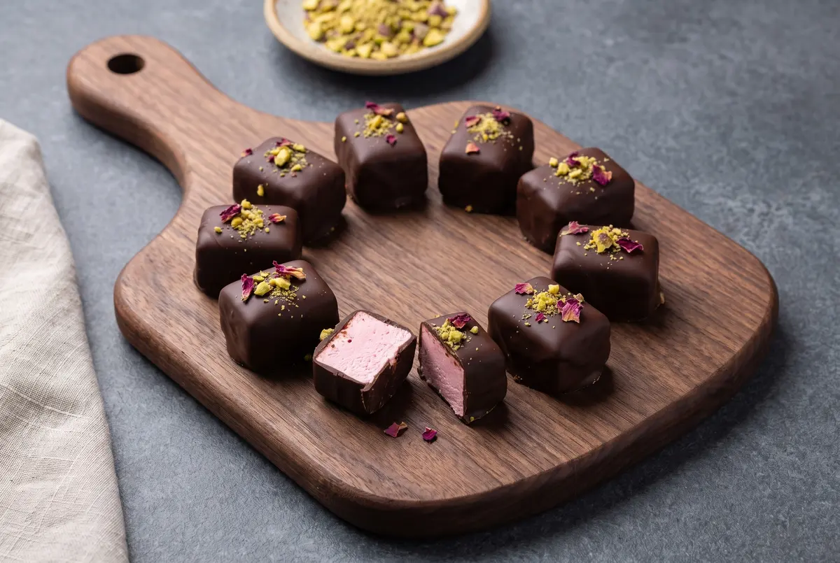 A circle of chocolate-dipped rose Turkish delight pieces on a wooden board, one cut in half showing the pink rose center