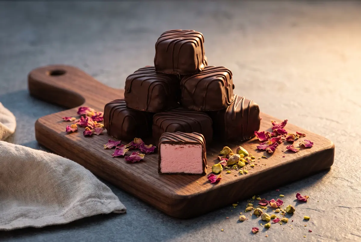 A pyramid of chocolate-dipped rose Turkish delight pieces on a wooden board with rose petals and pistachios scattered around
