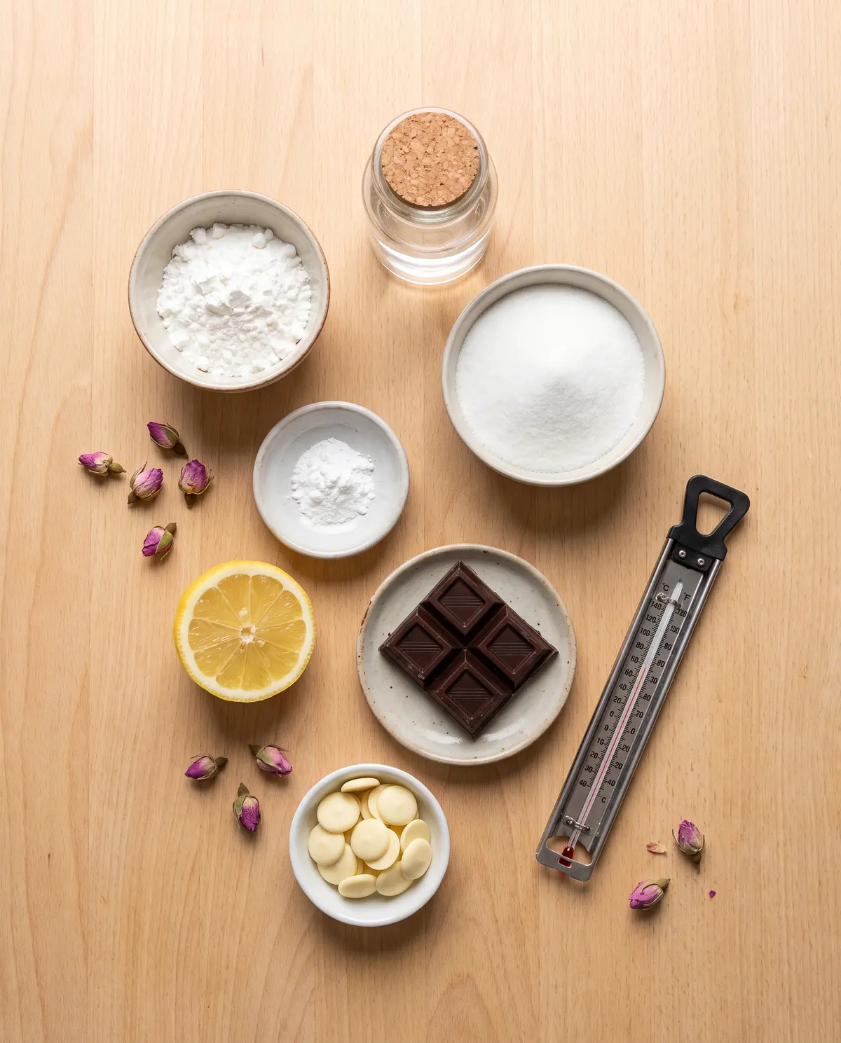 Top-down flat-lay of ingredients for chocolate-dipped rose Turkish delight: cornflour, rose water, sugar, rose buds, lemon, dark chocolate, white chocolate, and a candy thermometer on a wooden surface