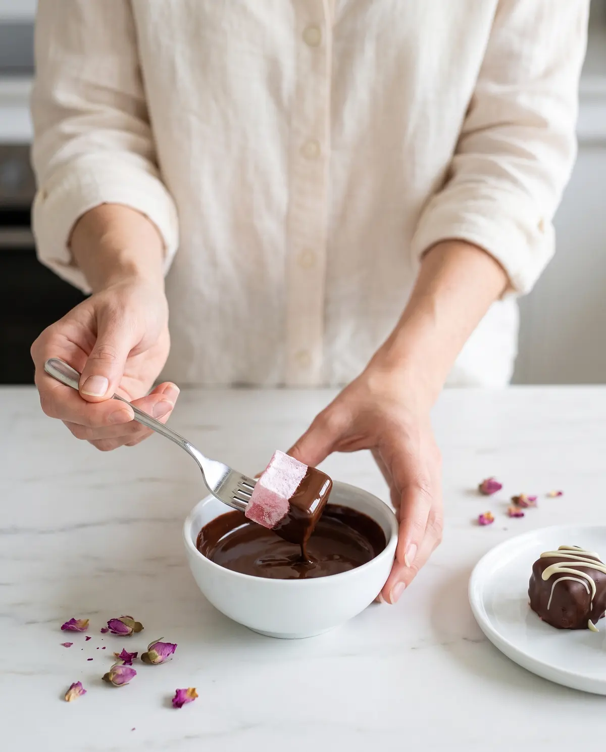 A woman's hands dipping a pink rose Turkish delight square into melted dark chocolate in a small white bowl