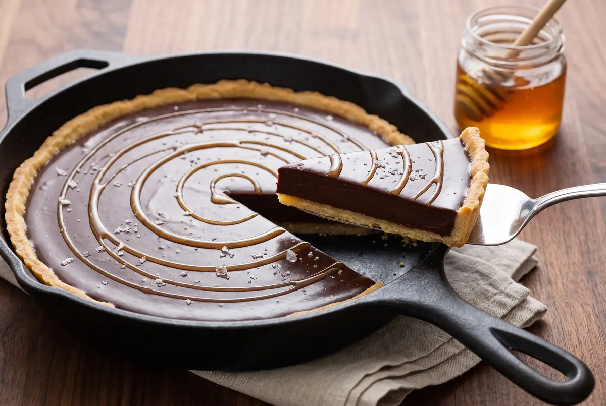 3/4 view of a chocolate honey tart in a cast iron skillet with a slice removed and golden honey spiral on top