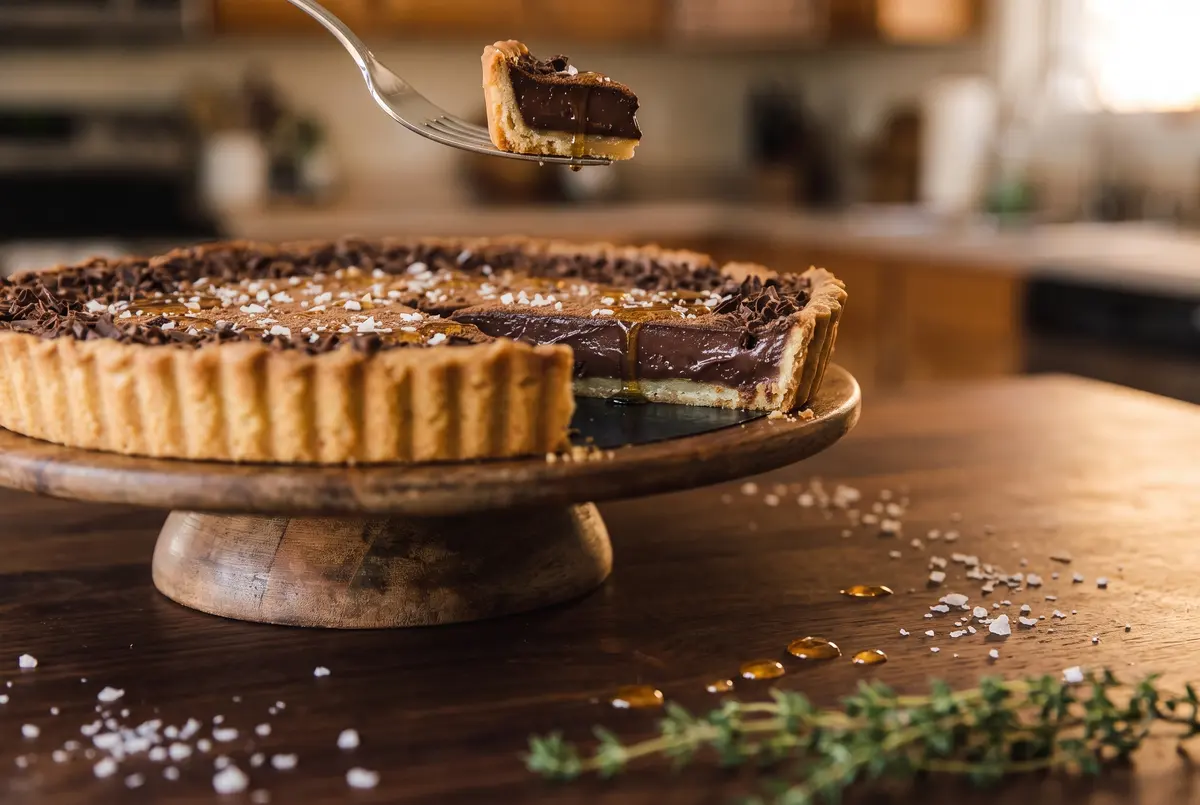 Side view of a chocolate honey tart on a wooden cake stand with a fork lifting a piece, thyme and flaky salt on the table