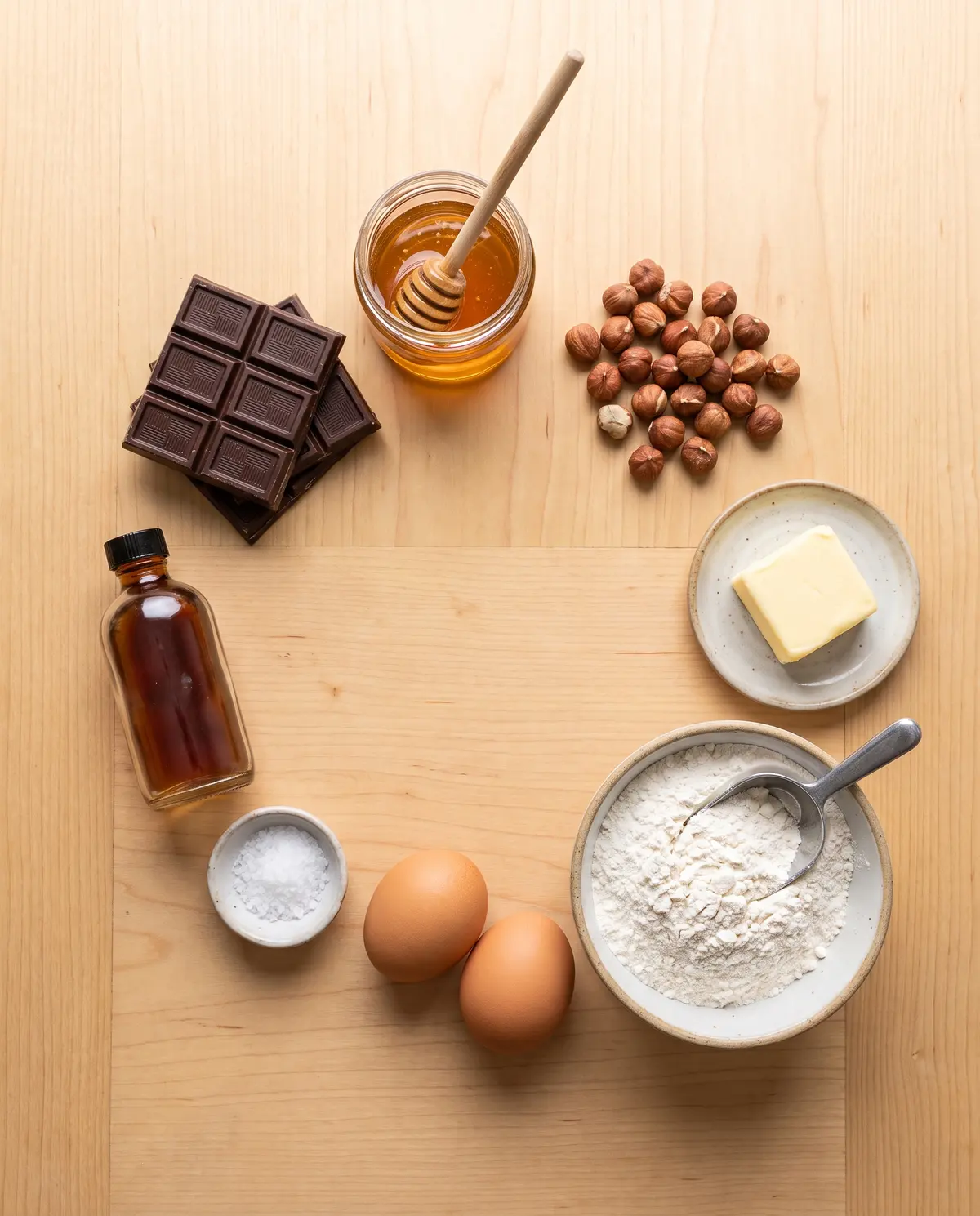 Top-down flat-lay of ingredients for a chocolate honey tart: chocolate squares, honey jar, hazelnuts, butter, flour, eggs, vanilla, and sea salt on a wooden surface