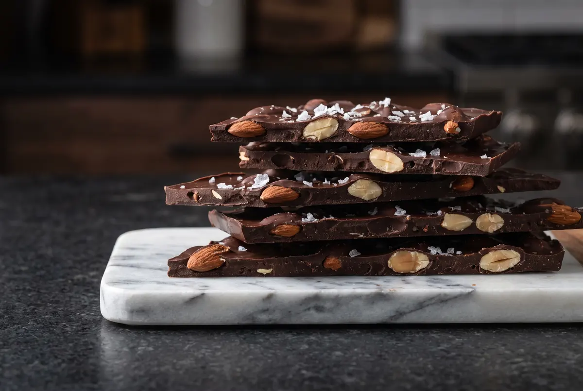 Stacked chocolate almond bark shards on a marble cutting board