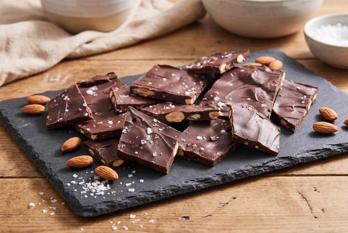 Chocolate almond bark pieces on a slate serving board with flaky sea salt