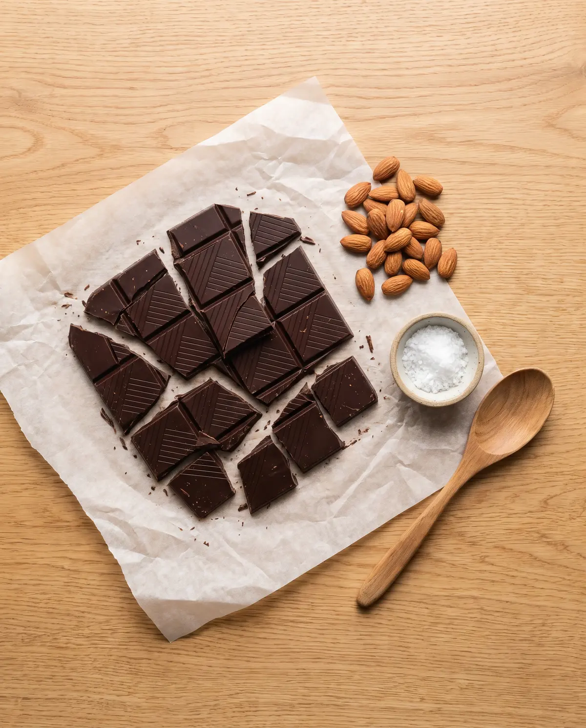 Top-down flat lay of dark chocolate, almonds, and sea salt on a wooden table