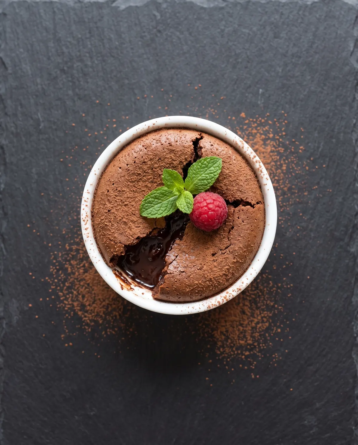 Top-down overhead view of chocolate souffle on dark slate with mint, raspberry, and cocoa powder