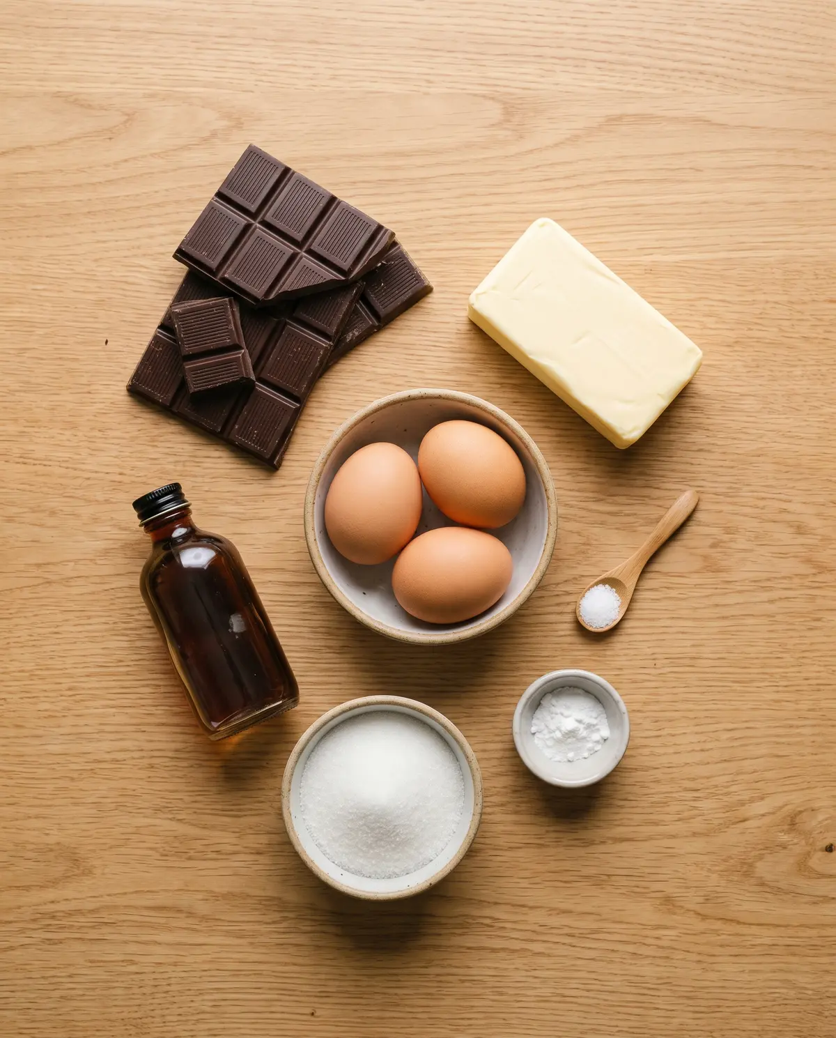 Top-down flat lay of chocolate souffle ingredients on a wooden surface — chocolate, butter, eggs, sugar, vanilla