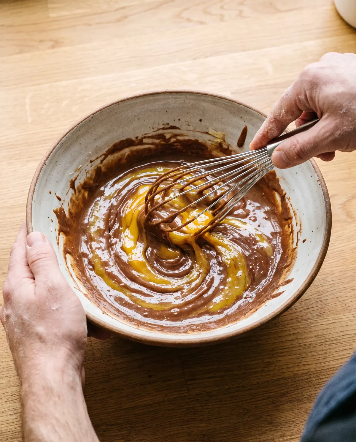 Hands whisking egg yolks into melted chocolate in a ceramic bowl on a wooden counter