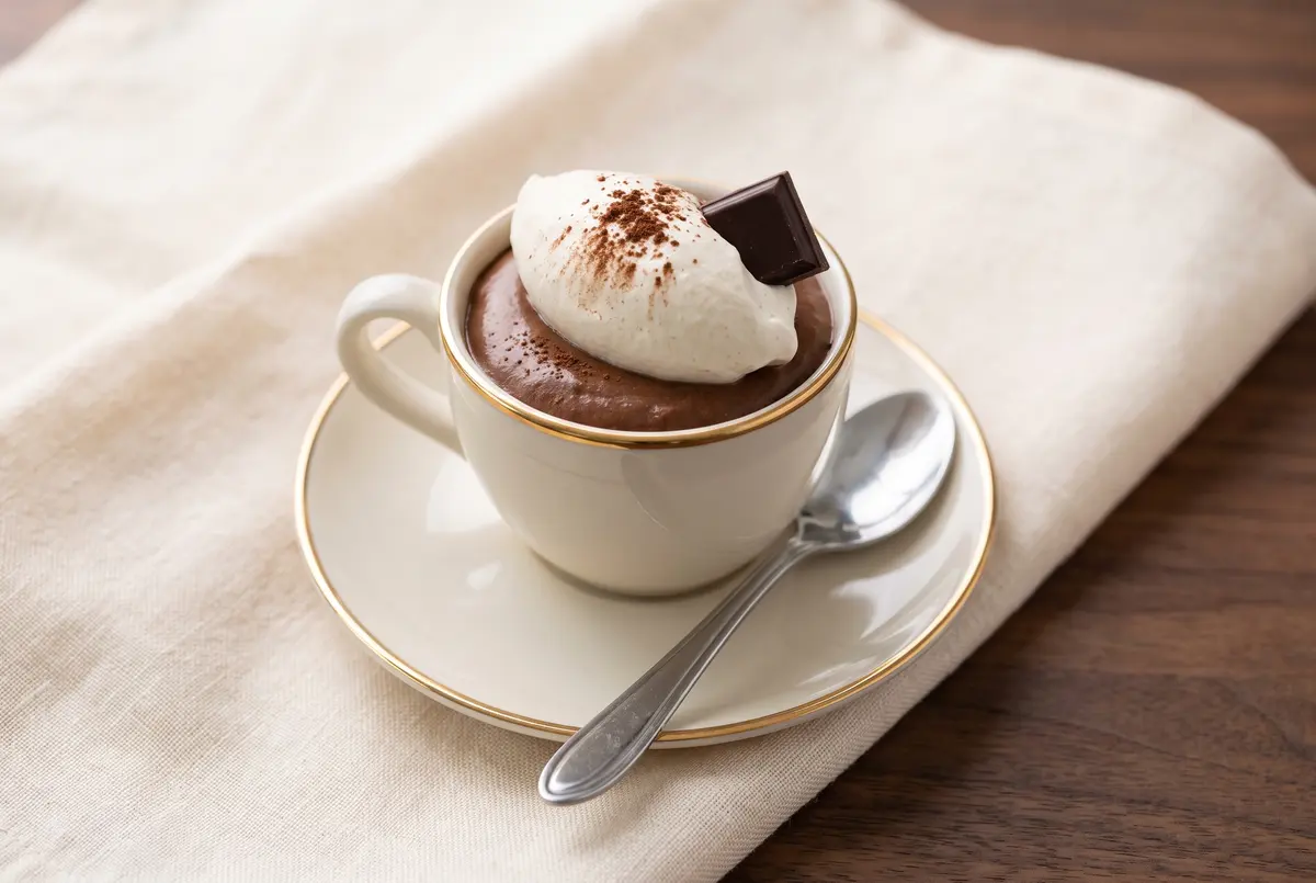 Chocolate tahini mousse in a small espresso cup with whipped cream and dark chocolate garnish