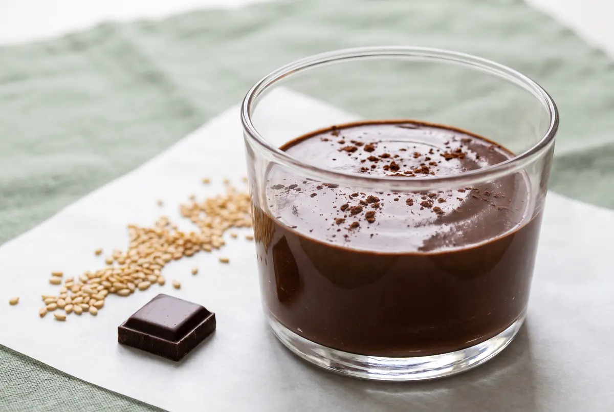 A single glass of chocolate tahini mousse with sesame seeds and a dark chocolate square on a sage green linen