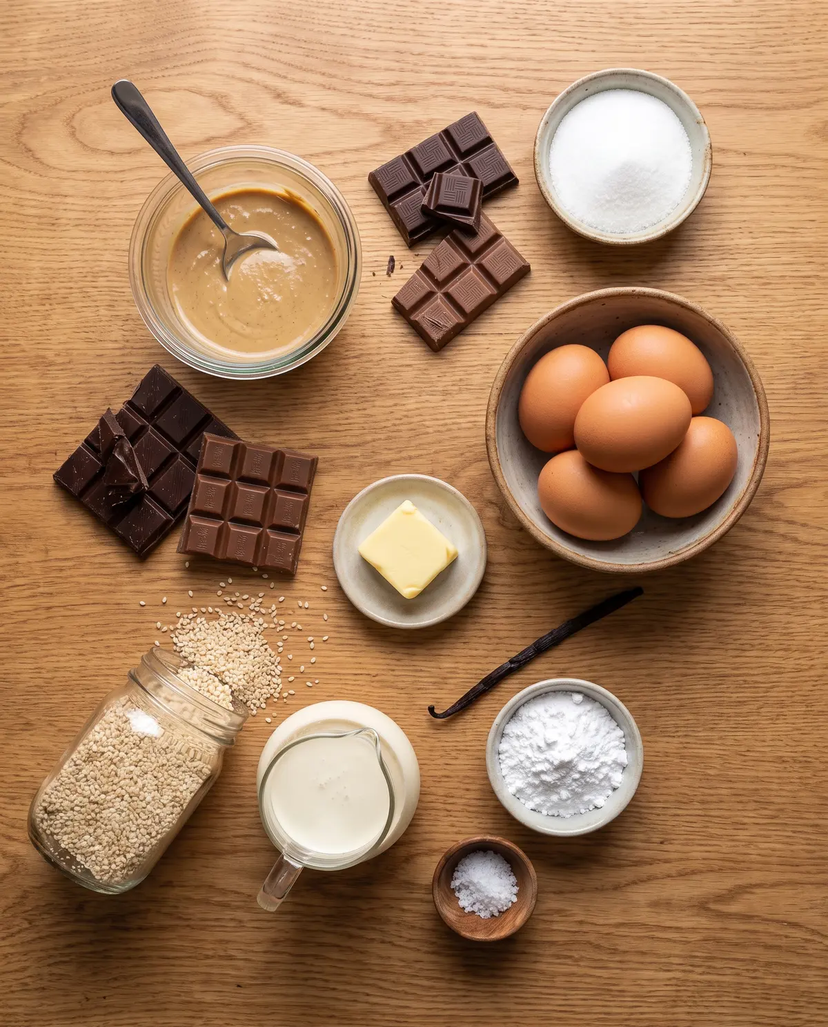 Flat-lay of ingredients for chocolate tahini mousse: tahini, dark and milk chocolate, eggs, sugar, butter, cream, sesame seeds, vanilla, salt