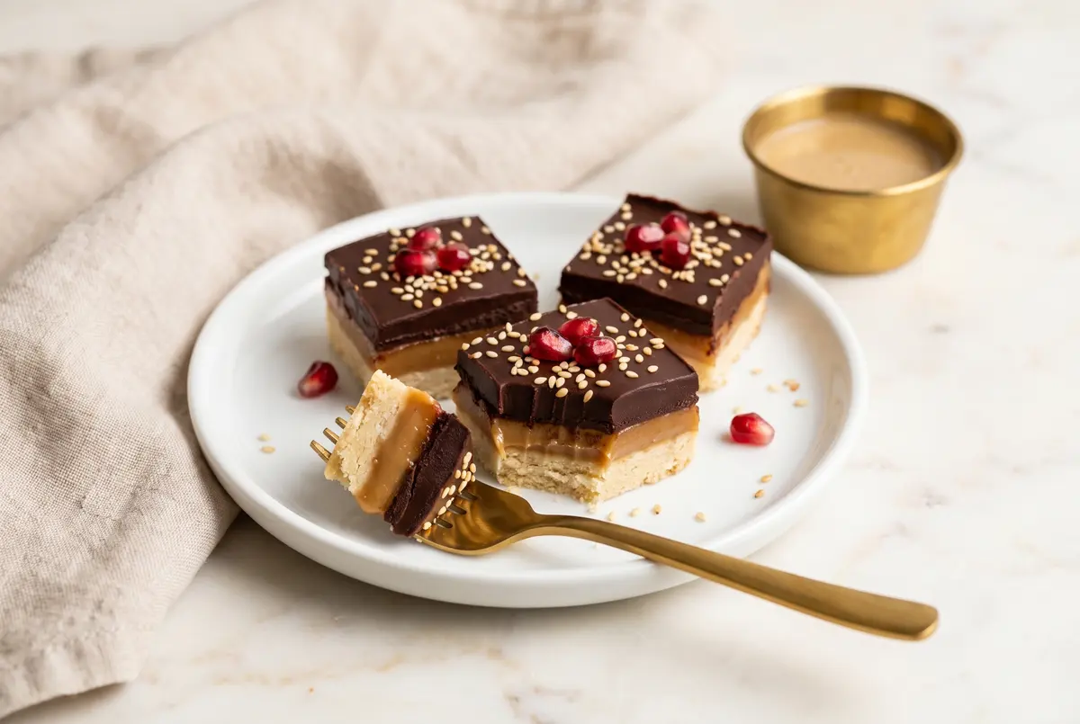 Fudgy Chocolate Tahini Millionaire Bites (Gluten-Free) Fudgy Chocolate Tahini Millionaire Bites (Gluten-Free)