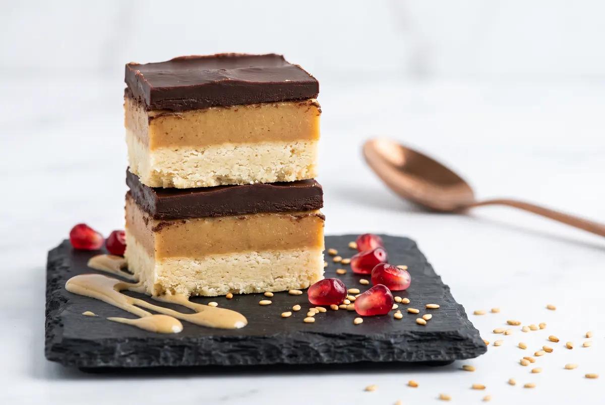 Stack of two chocolate tahini millionaire bites on a slate plate with extra tahini drizzle