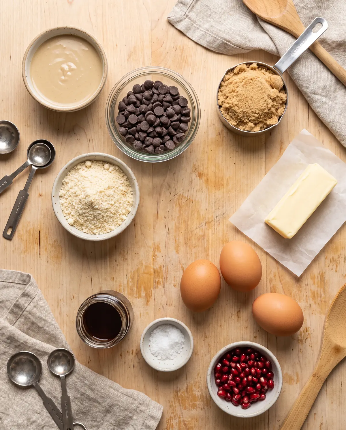 Ingredients for chocolate tahini millionaire bites laid out on a wooden surface