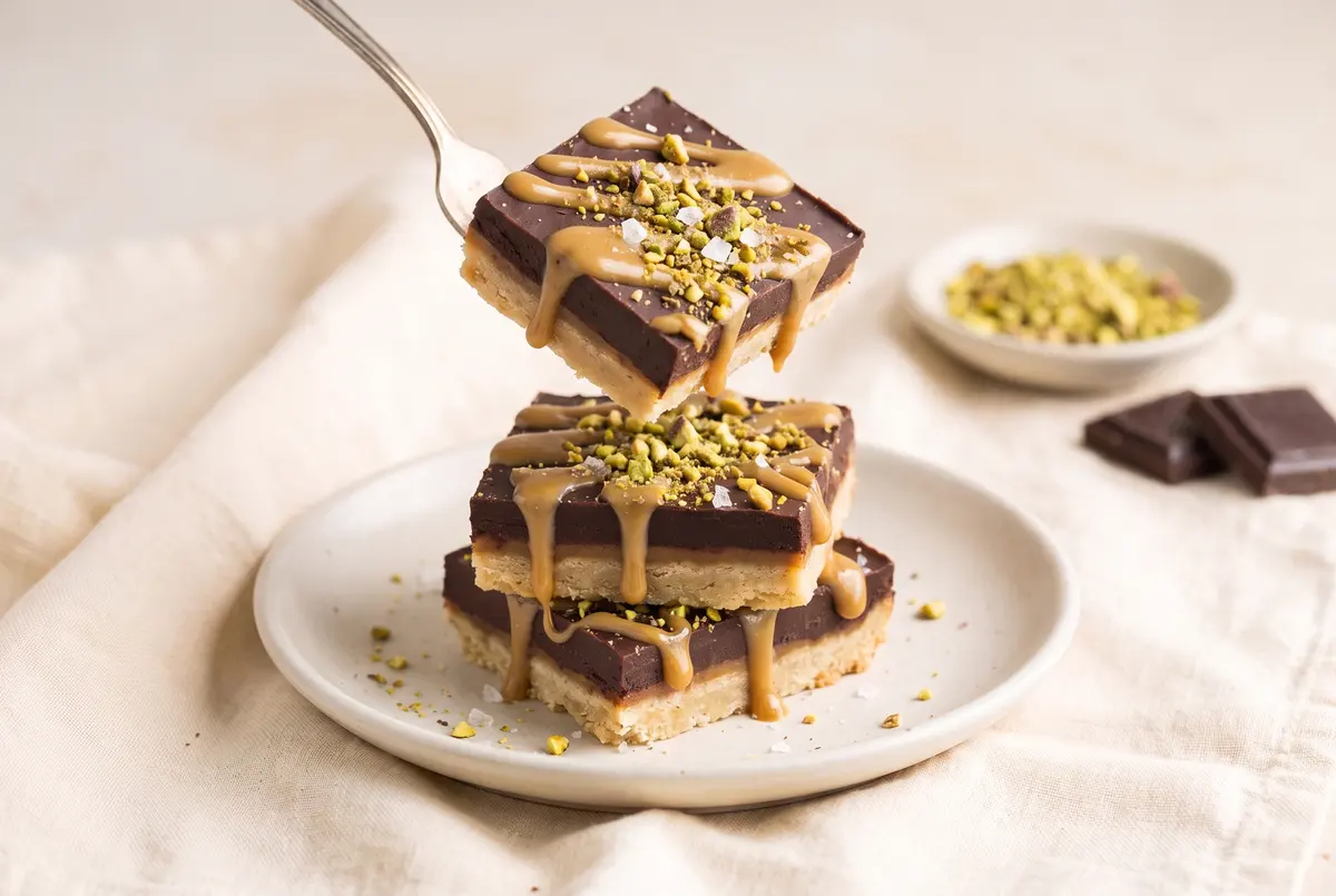 Tahini shortbread bar lifted on a fork with pistachio dust