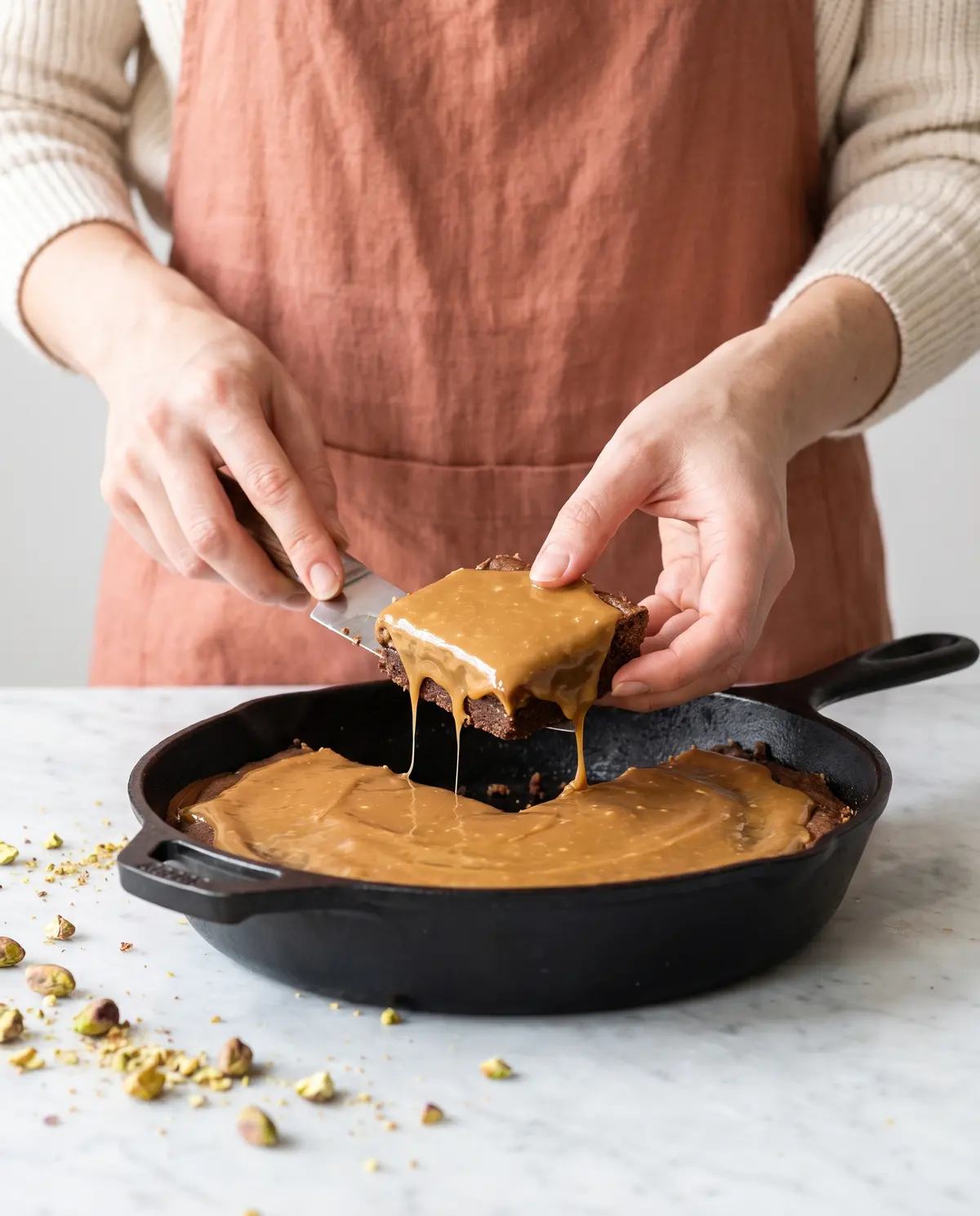 Slicing into chocolate tahini shortbread in a cast iron skillet