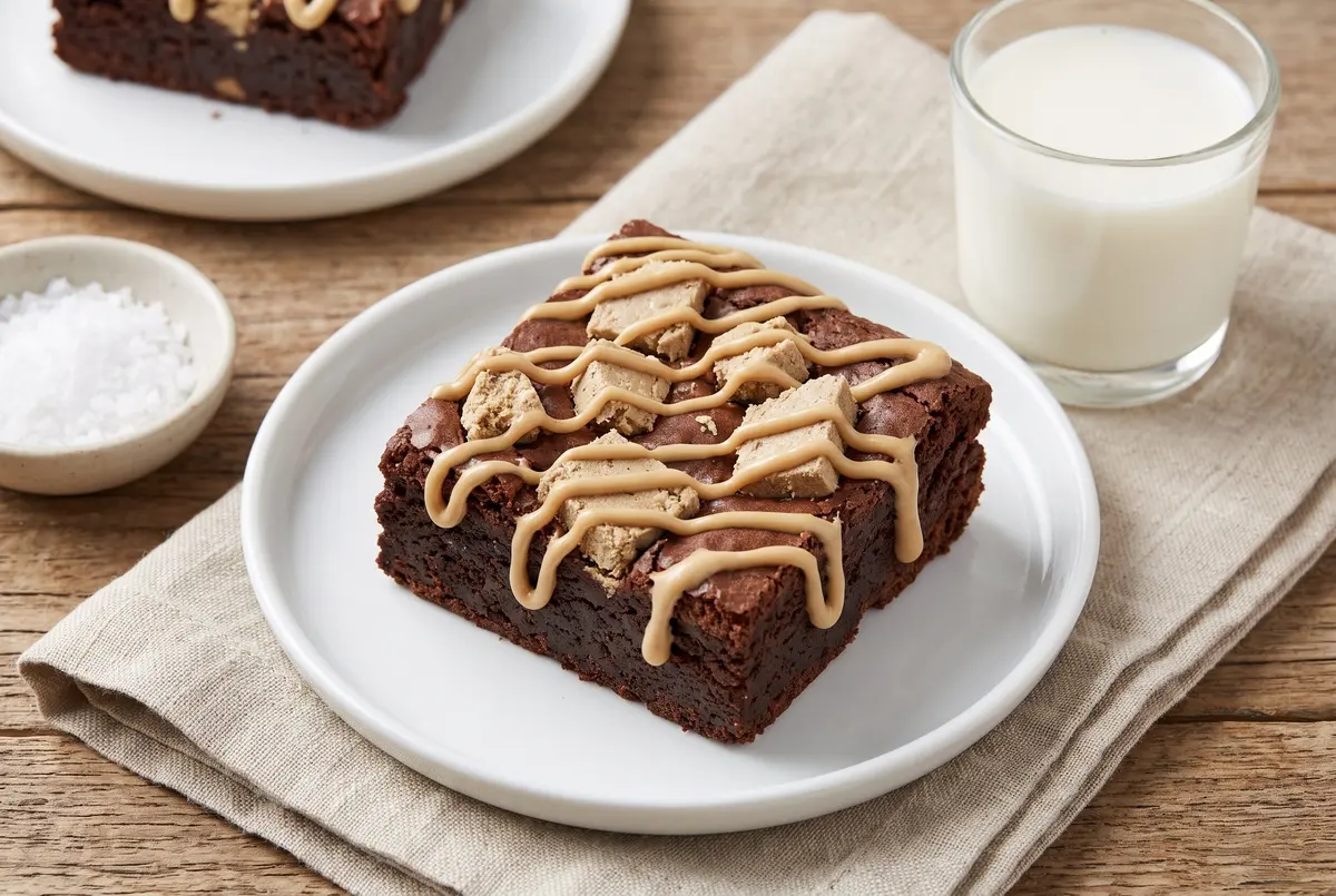 Single brownie on plate with tahini drizzle and glass of milk