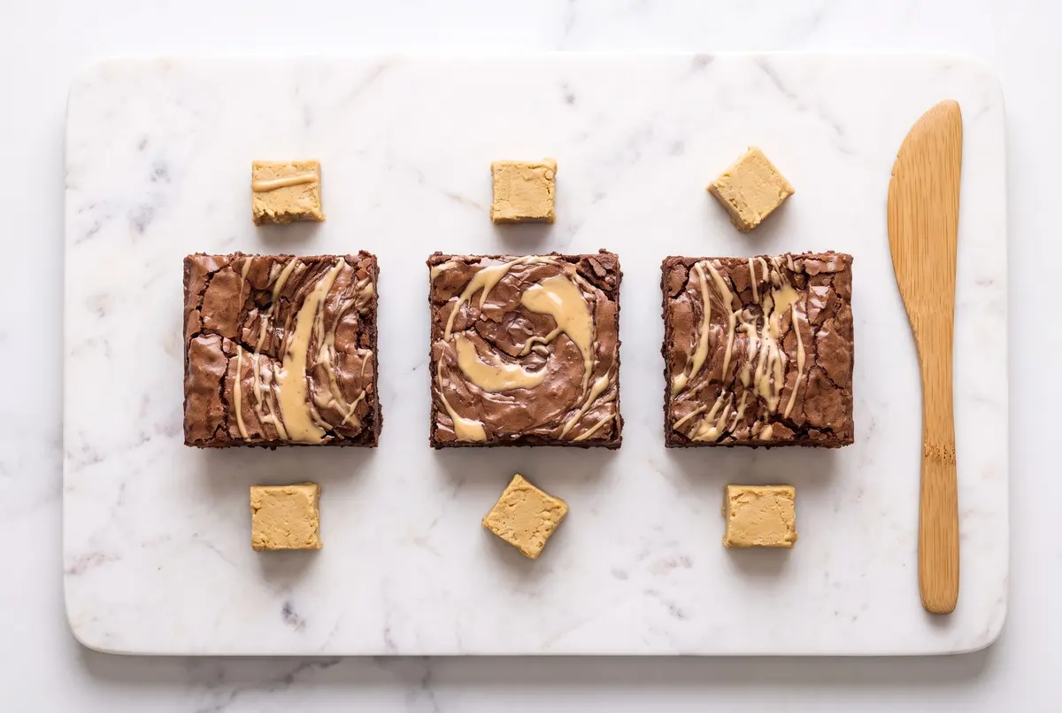 Three brownie squares on marble cutting board with halva chunks