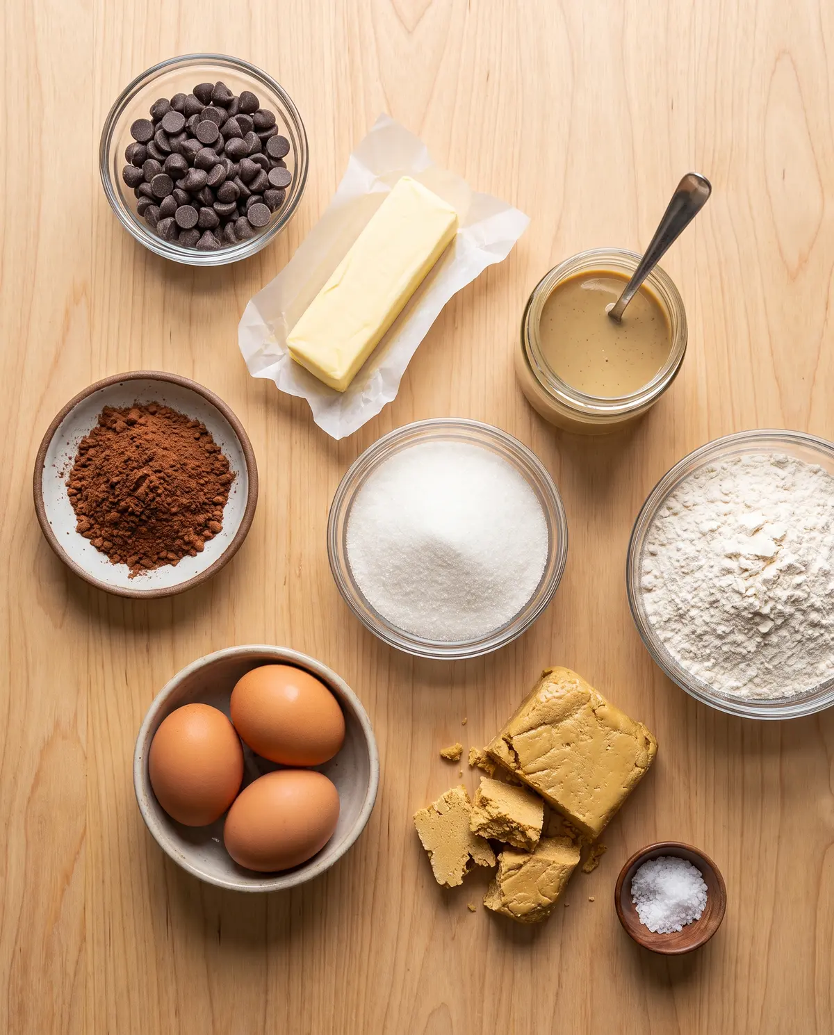 Ingredients for chocolate tahini swirl brownies on a wood table