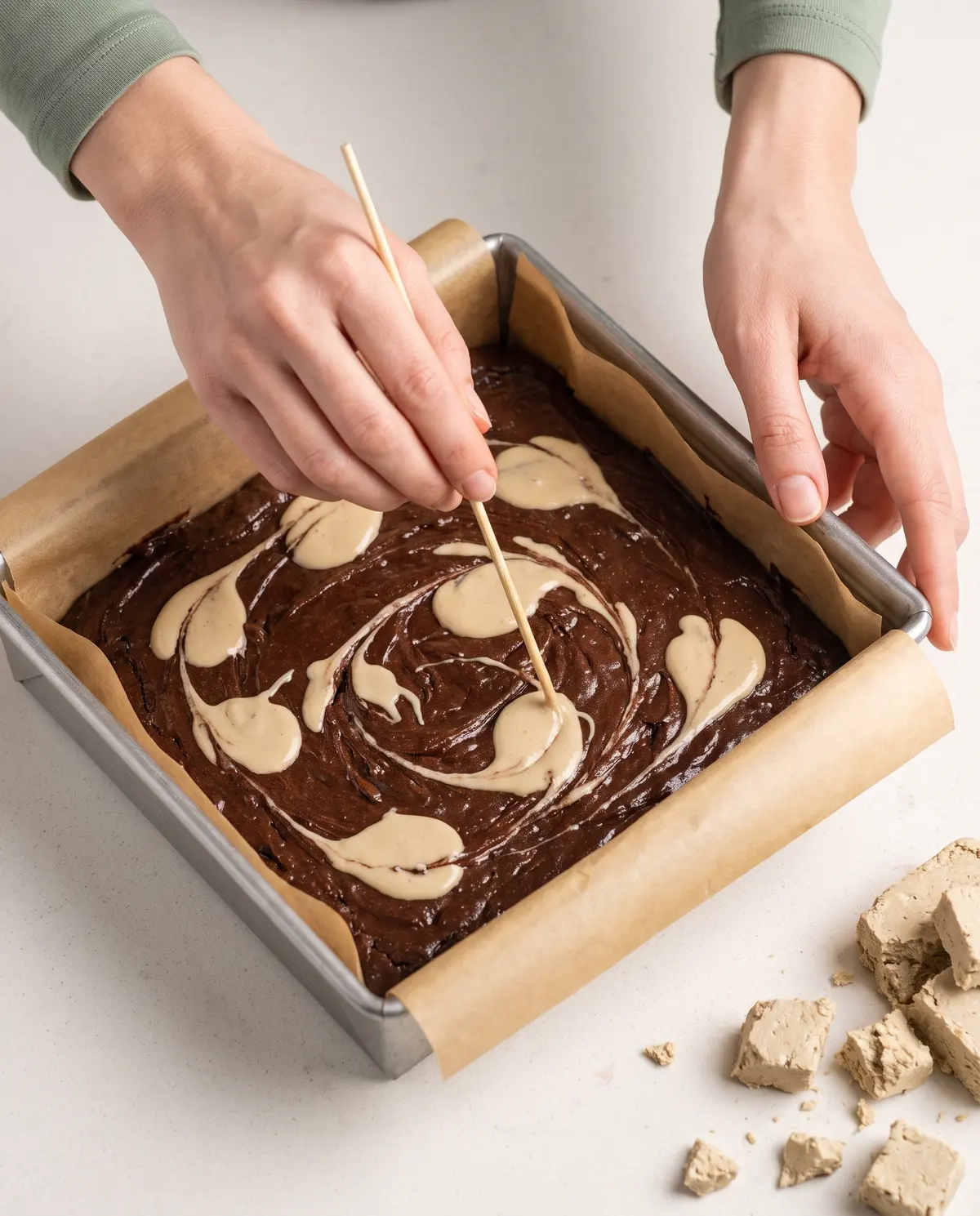 Hands swirling tahini through chocolate brownie batter with a skewer