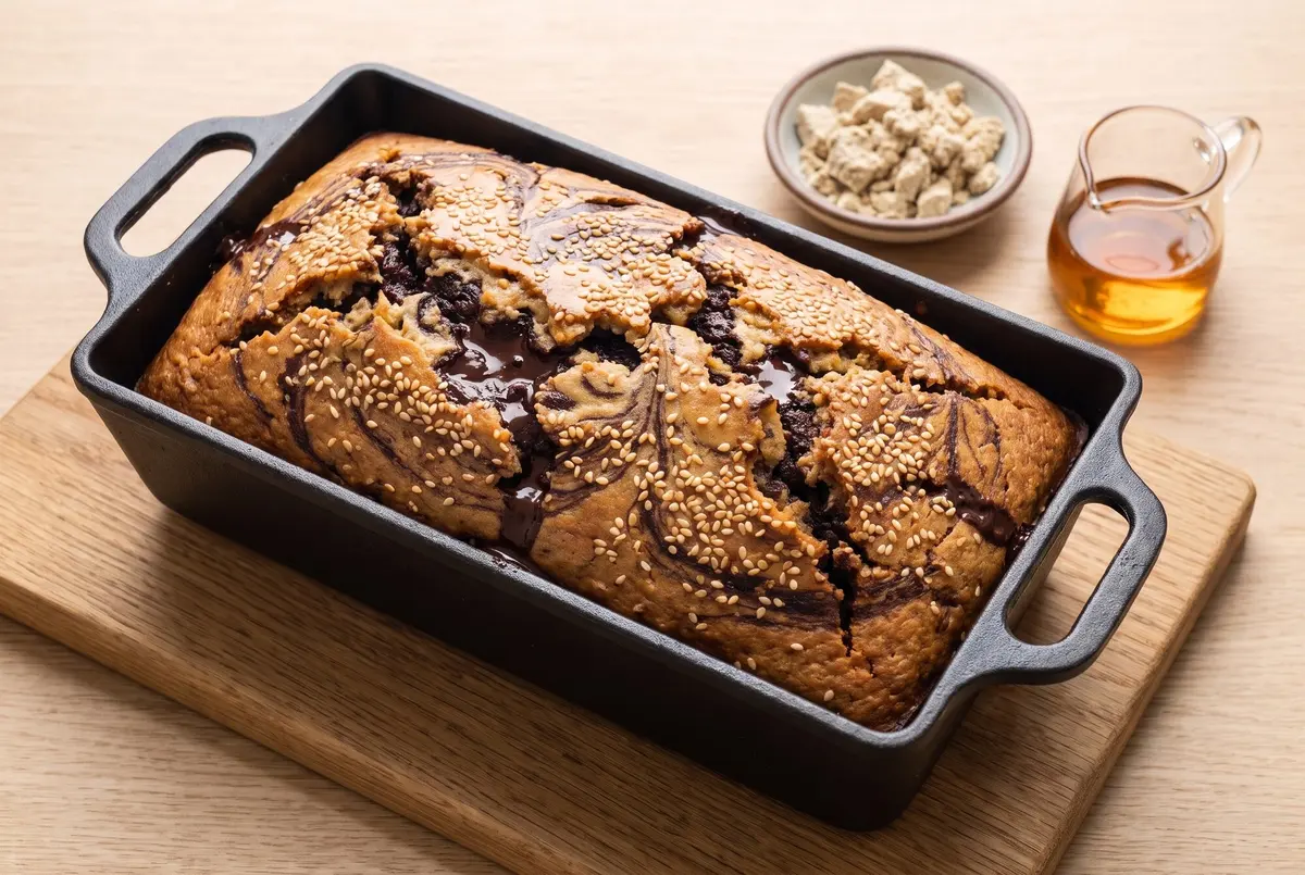 Chocolate tahini marble loaf in a cast iron pan