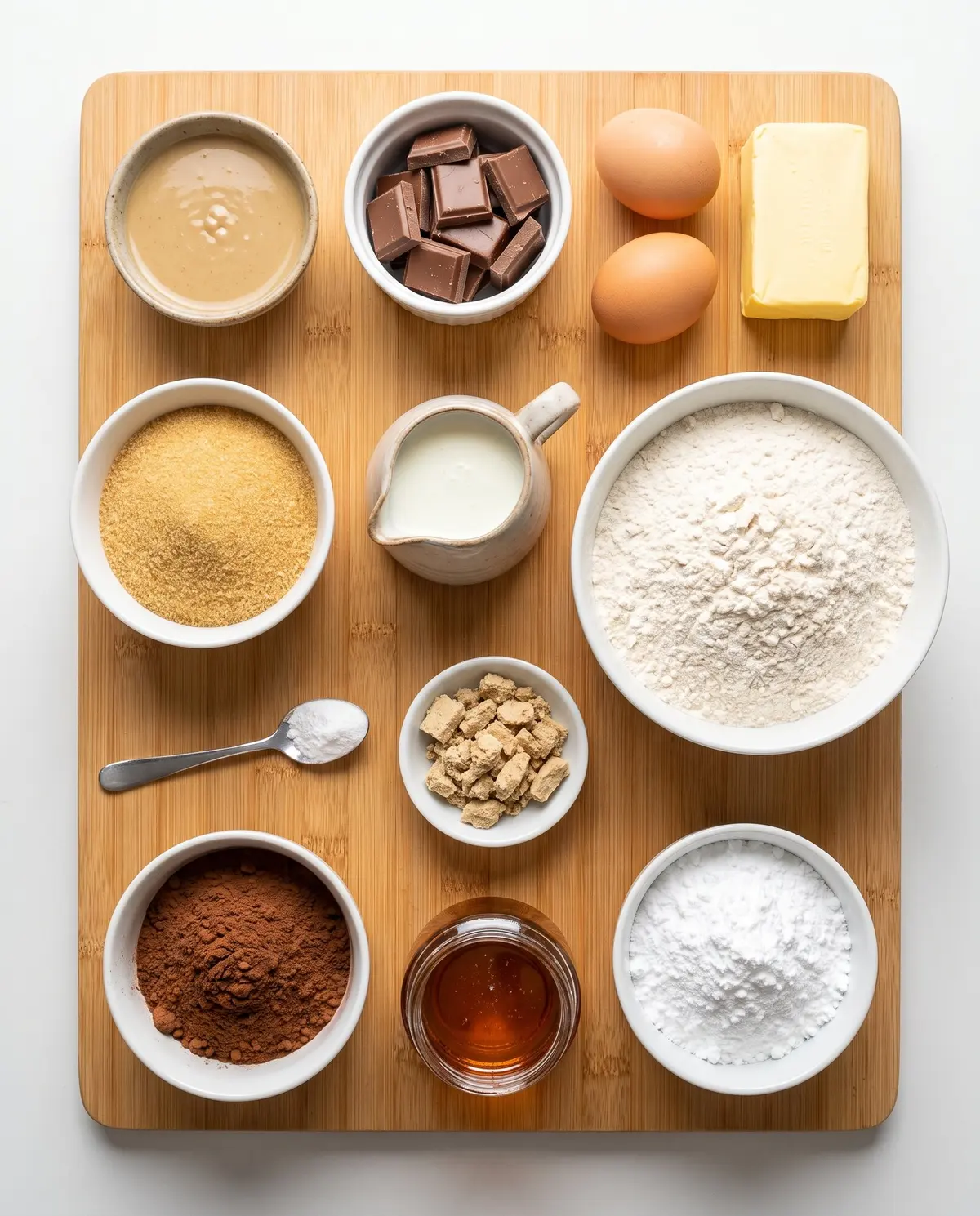Ingredients for chocolate tahini swirl loaf cake laid out on a wooden surface