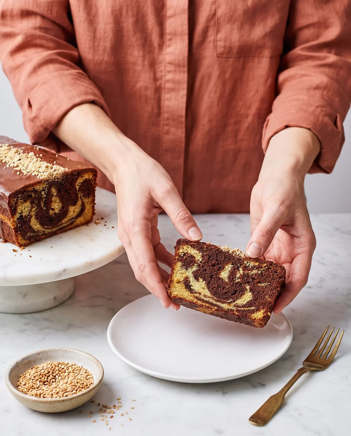 Lifting a slice of chocolate tahini swirl loaf cake
