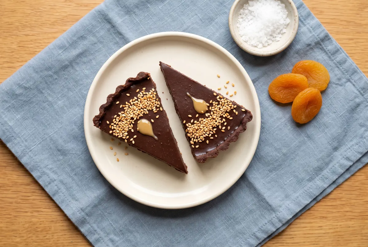 Two wedges of dark chocolate tahini tart on a cream plate garnished with toasted sesame seeds and tahini drizzle