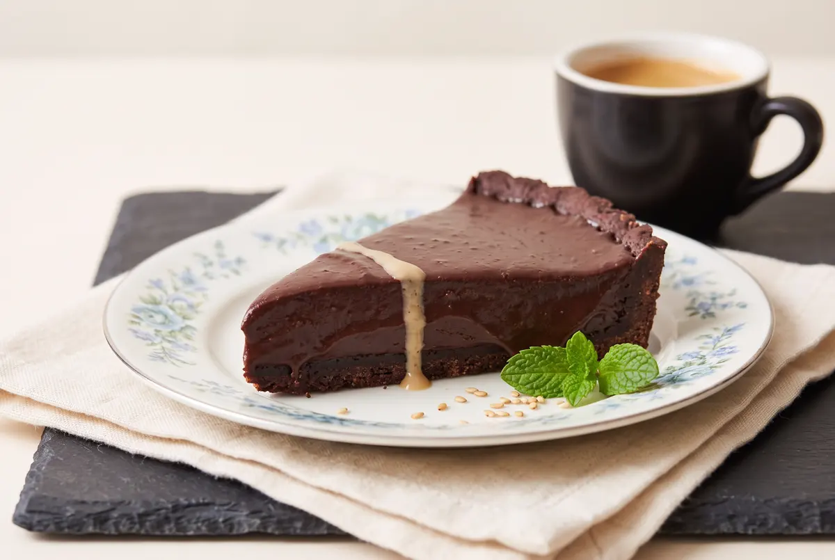 A single slice of dark chocolate tahini tart on a vintage floral plate with tahini drip and fresh mint