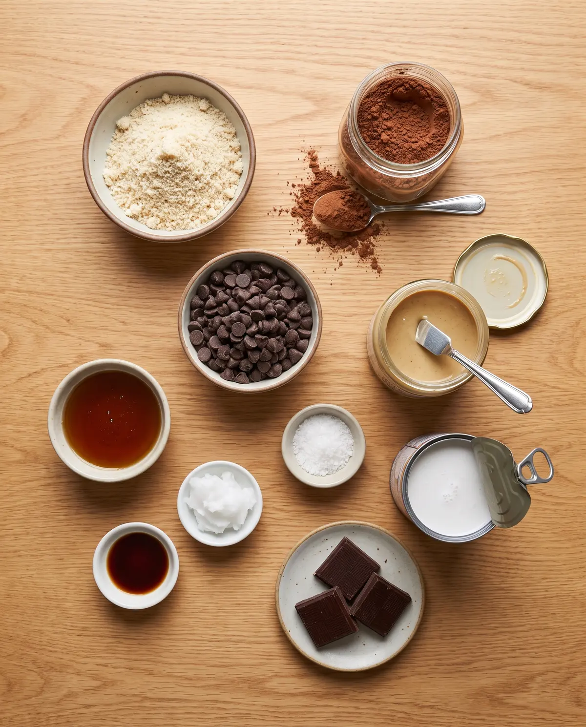 Top-down view of the ingredients for a dark chocolate tahini tart on a warm wood surface