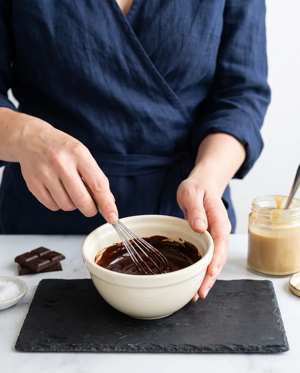A woman's hands whisking melted dark chocolate and tahini together in a cream ceramic bowl