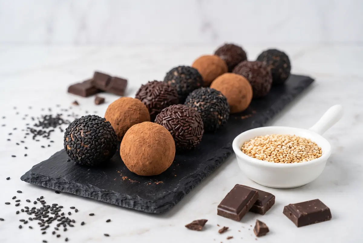 Black sesame truffles on slate board