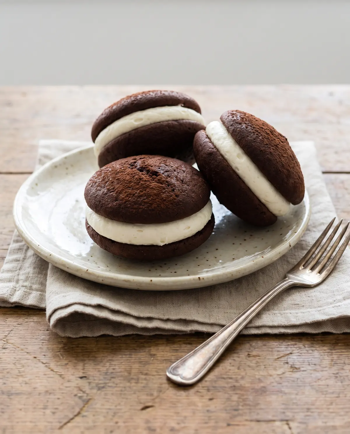 Three chocolate whoopie pies on a ceramic plate