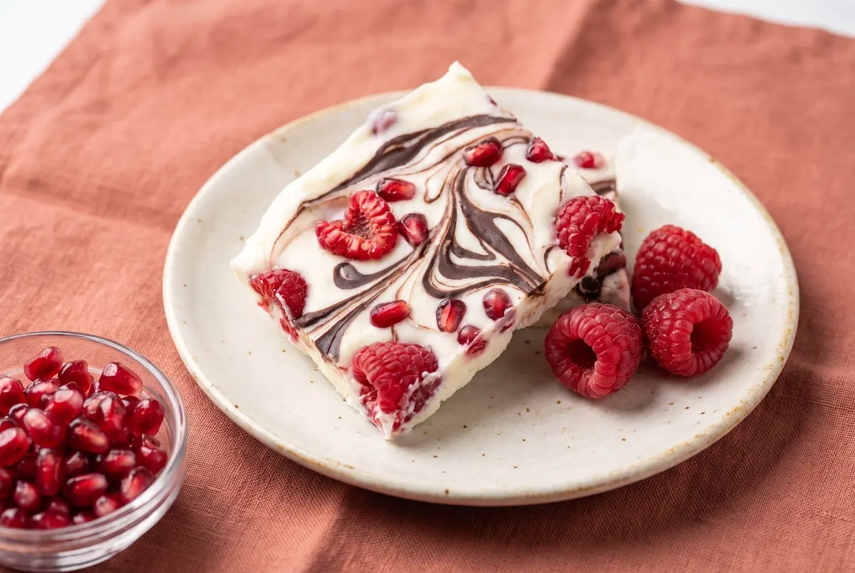 A single piece of chocolate Greek yogurt bark on a cream plate with raspberries and pomegranate seeds