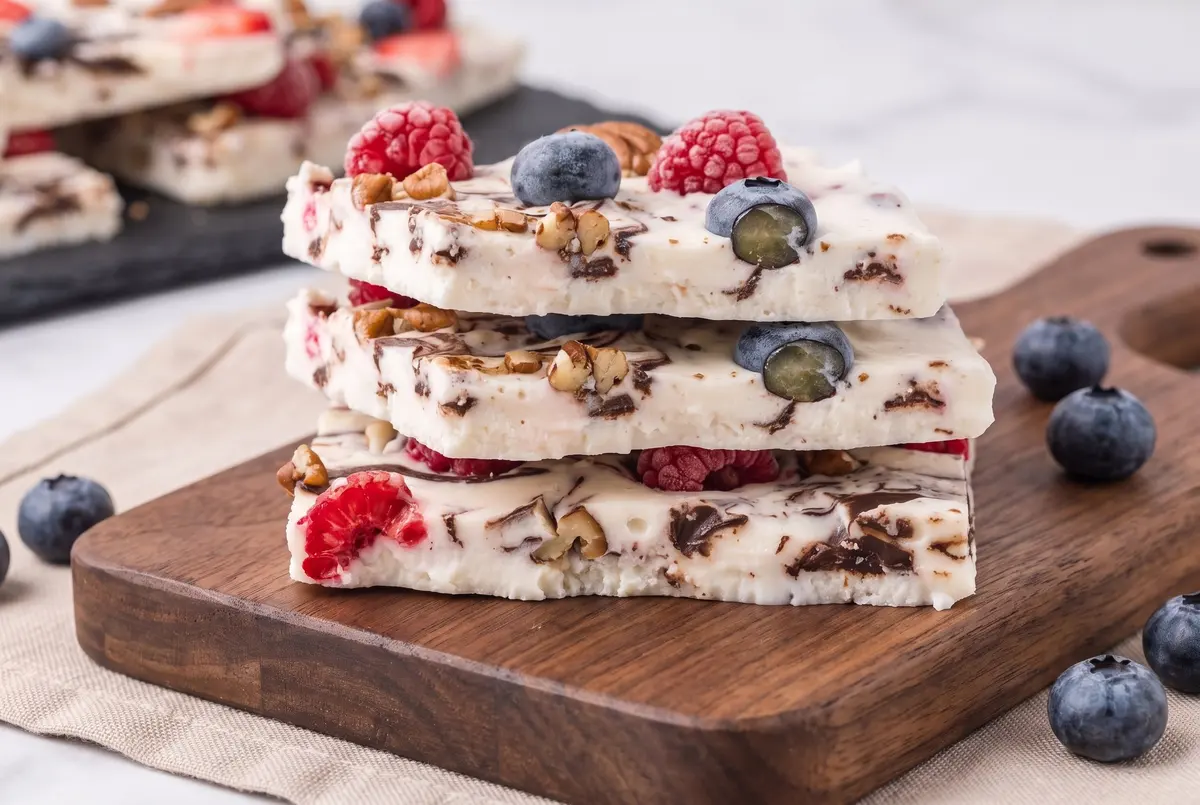 Stacked pieces of chocolate Greek yogurt bark on a wooden board