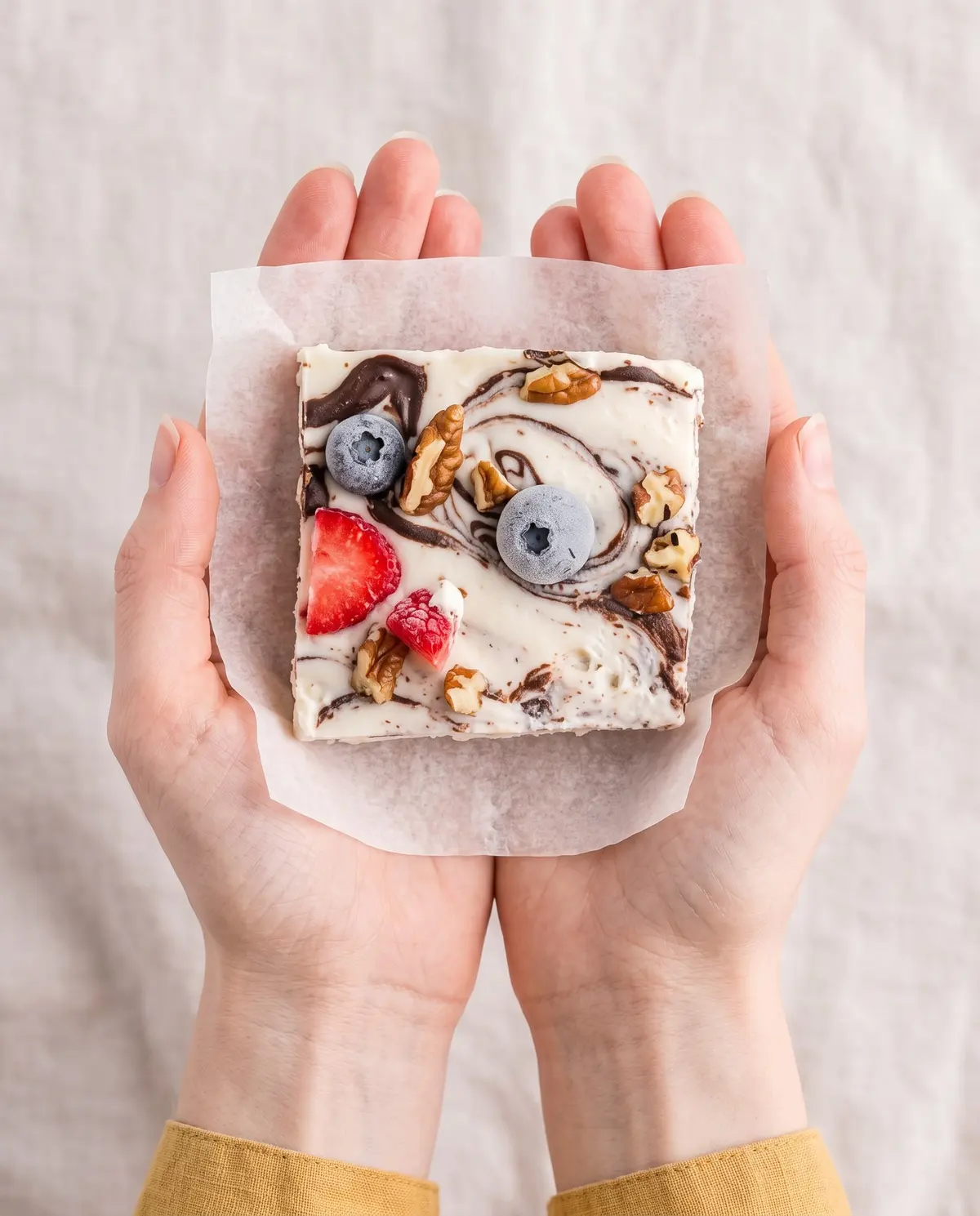 Feminine hands holding a piece of chocolate Greek yogurt bark on parchment paper