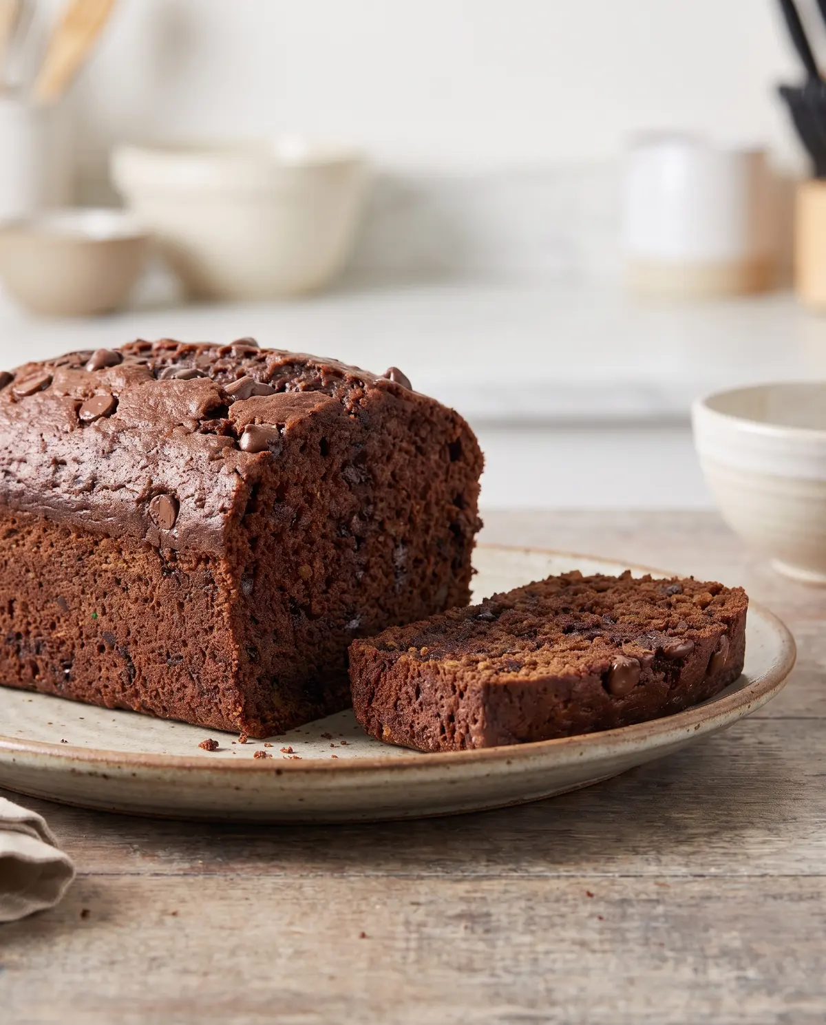 Side view of chocolate zucchini bread on a plate