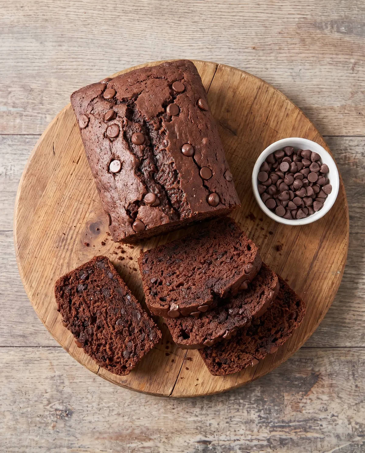 Overhead view of chocolate zucchini bread with extra chocolate chips