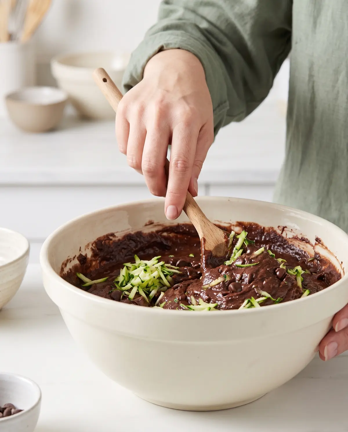 Folding zucchini into chocolate batter in a mixing bowl
