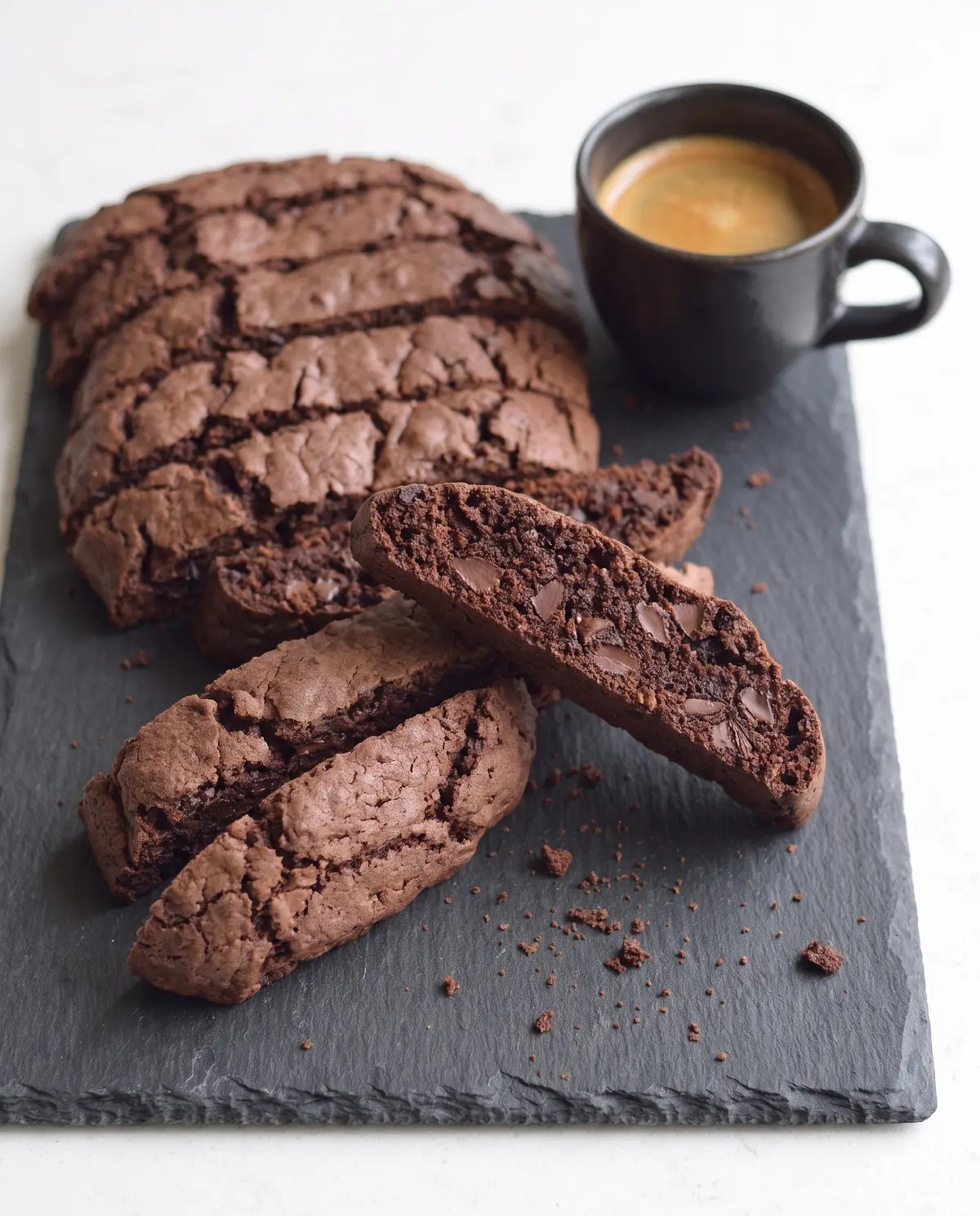 Double chocolate biscotti on slate board with espresso cup beside, side angle showing height